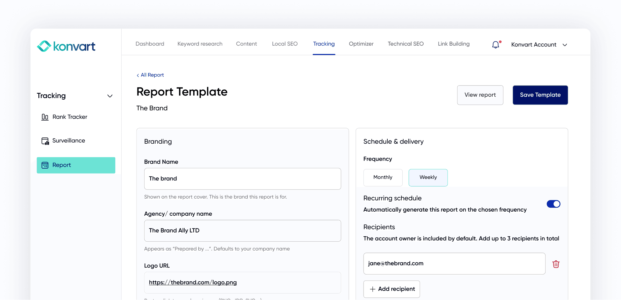 Konvart report template with branding and schedule settings