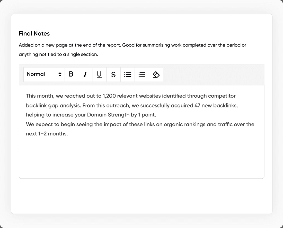 Show SEO work done report UI