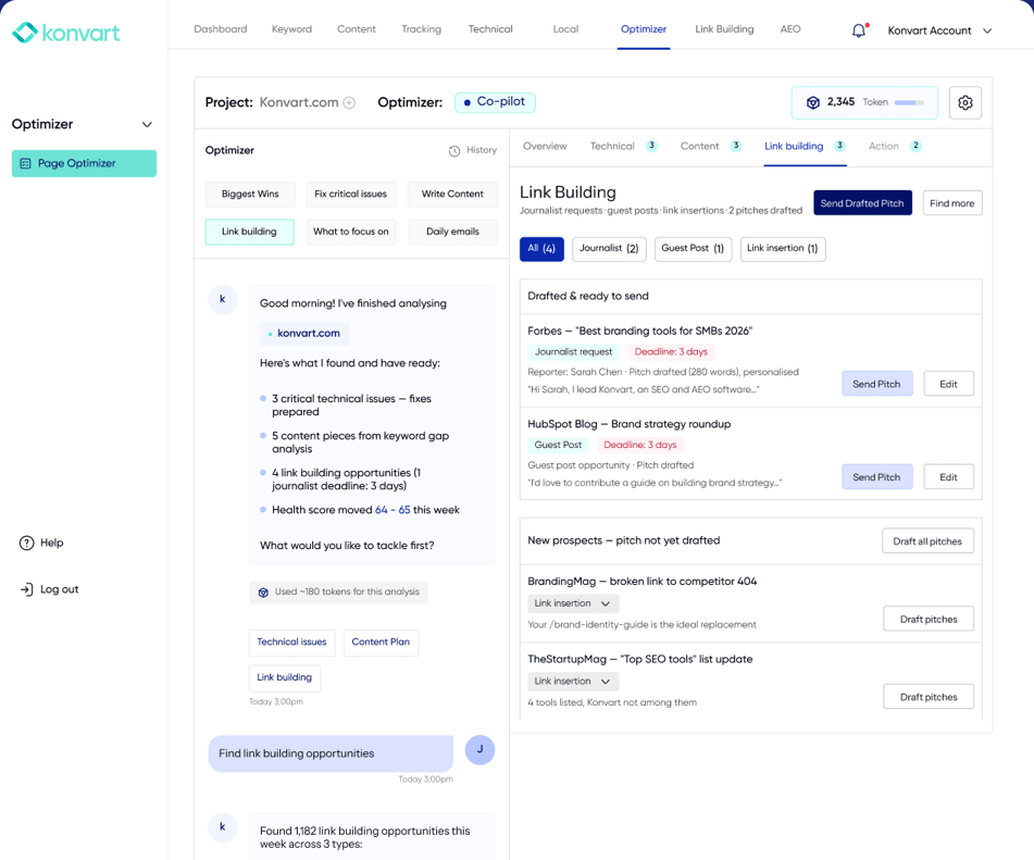 Optimizer link building queue with drafted pitches