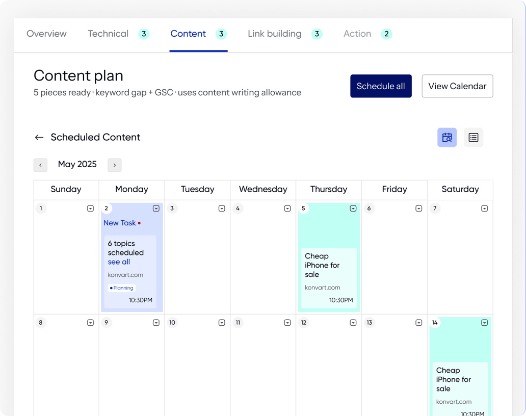 Optimizer content calendar with scheduled pages ready to review