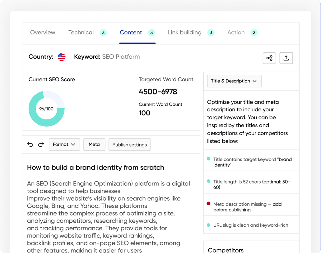 Optimizer content editor with SEO score, word count, and competitor title guidance