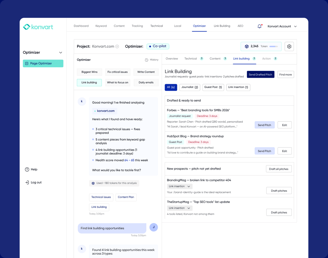 Optimizer Digital PR and link building workspace with drafted journalist pitches