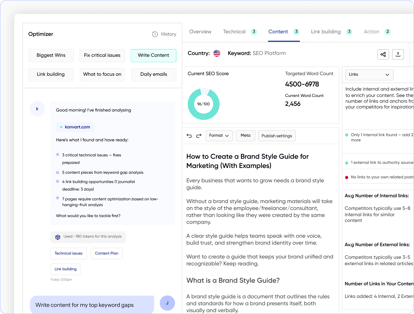 Optimizer dashboard combining technical, content, and link building work