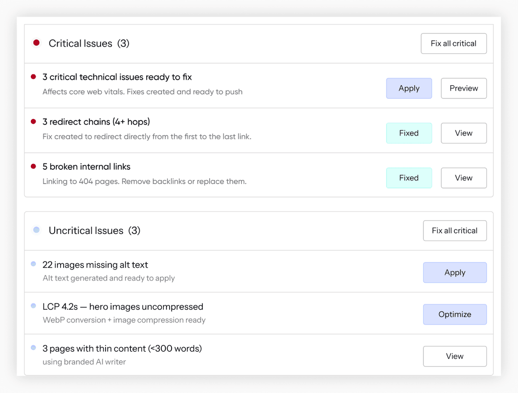 Optimizer technical issues queue with apply and preview actions